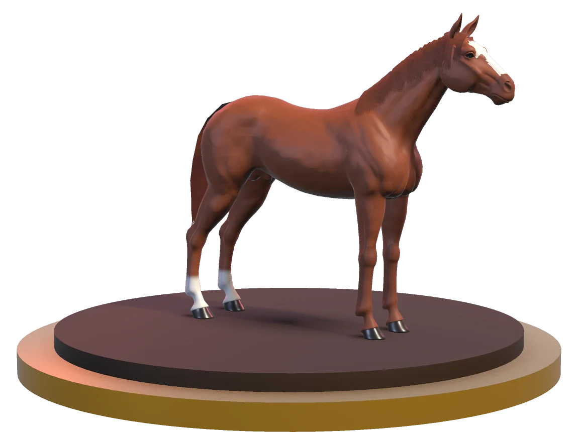 A chestnut racehorse standing on a gold-rimmed podium
